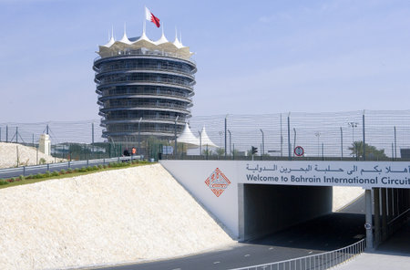 Central Desertic Area, Bahrain - December 15, 2006: Iinternational  motorsport circuit, the  Shakir Tower.のeditorial素材