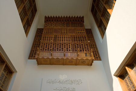 Bahrain, Muharraq, upward view of the entrance of the cultural center Shaikh Ebrahim.のeditorial素材