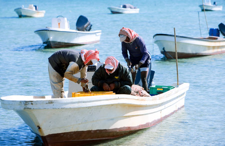Askar, Bahrain - January 9, 2007: Fishermen at work in the harbor.のeditorial素材
