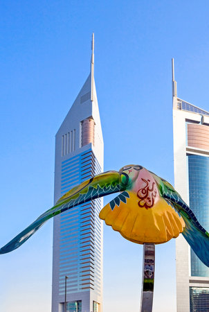 Dubai, U.A.E. - November 15, 2006:  A falcon sculpture in front of the Emirates Towers in the business area of the  Sheik Zaied Road.のeditorial素材