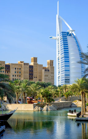 Dubai, U.A.E. - November 12, 2006: The channel of the Madinat Jumeirah resort, in the background the Burj Al Arab towerのeditorial素材