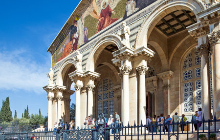 Jerusalem,  Israel - November 6, 2010: People at the entrance of the Gethsemane Basilicaのeditorial素材