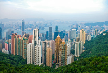 Hong Kong, the skyscraper of the city center seen from the residential area The Peak.のeditorial素材