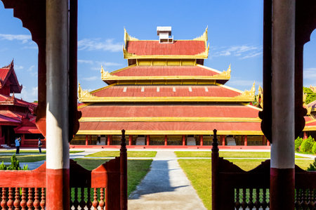 Mandalay,  Myanmar - January 13, 2012:  The Royal Palace with tourist on the left side.のeditorial素材
