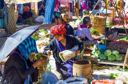 Inla Lake.  Myanmar, - January 14, 2012: Shan State, local people in the street marketのeditorial素材