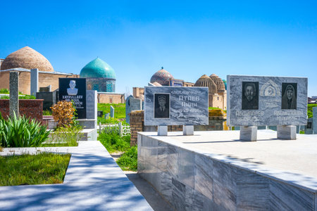 Samarkand, Uzbekistan - April 18, 2014: A modern cemetery at the entrance of the Shakhi Zinda Ensembleのeditorial素材