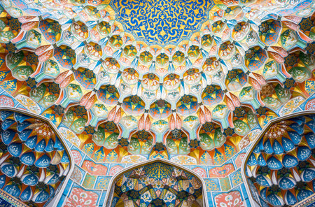 Buckara, Uzbekistan - Aprilr 16, 2014:  Detail of the decorations of the Taqi Sarrafon market in the old city centerのeditorial素材