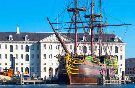 Amsterdam, Holland - July 23, 2014:  An ancient sailing ship in front of the Maritime Museumのeditorial素材
