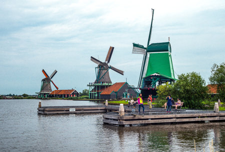 Zaandam, Holland - July 25, 2014: Waterland district, tourists in the famous area of the millsのeditorial素材