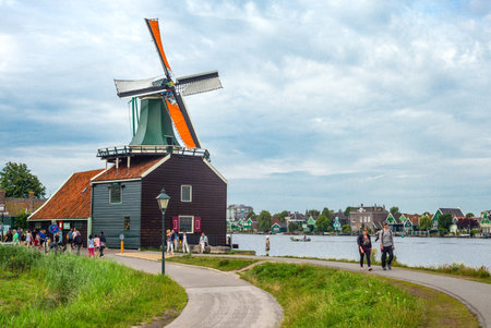 Zaandam, Holland - July 25, 2014: Waterland district, tourists in the famous area of the millsのeditorial素材