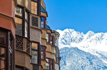 Innsbruck, Austria - February 8, 2010:  View of the snowy  mountains from Herzog strasseのeditorial素材