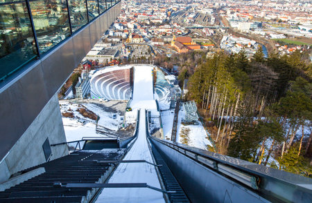 Innsbruck, Austria - February 8, 2010:  Panoramic wiew over the sports and the city from Bergisel skijamping stadiumのeditorial素材