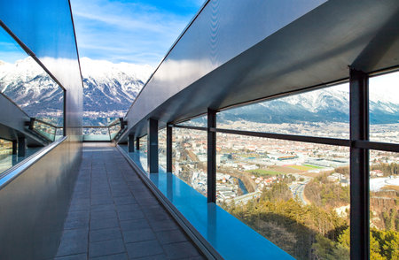 Austria, Tyrol, Innsbruck, panoramic view over the city and Inn valley from Bergisel skijamping stadiumのeditorial素材