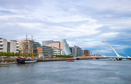 Dublin, Ireland - August 3, 2013:  Nord Wall quay, the S.Beckett bridge and the Convention Center palacesのeditorial素材