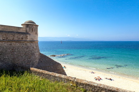 Ajaccio,  France - July 2, 2009: Corsica island, people sunbathing on the beach of the Citadelのeditorial素材