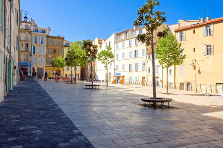 Marseille, France - April 29, 2006: People and traditional stores in the main square of the old district Le Panierのeditorial素材