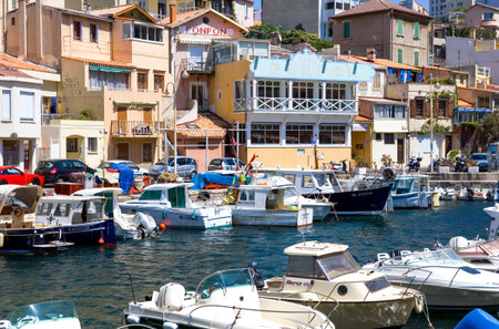 Marseille, France - April 29, 2006: Le Vallon Des Auffes,  old houses and boats in the old fishermen harborのeditorial素材