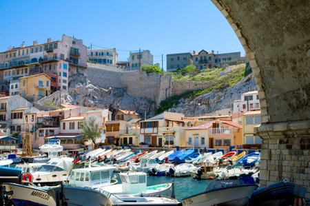 Marseille, France - April 29, 2006: Le Vallon Des Auffes,  old houses and boats in the old fishermen harborのeditorial素材