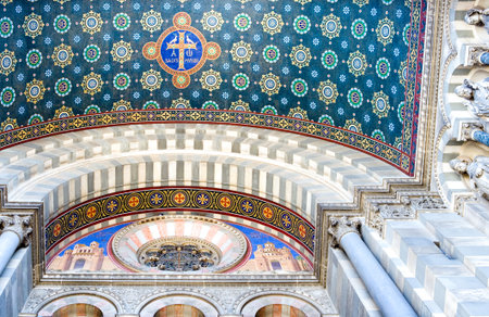 France, Marseille, upward view of paintings and decorations of the cathedral La Major insideのeditorial素材