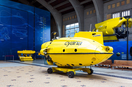 Cherbourg,  France, - May 21, 2012:  Normandy, La Cite De La Mer,  the hall with famous bathyscphes.のeditorial素材