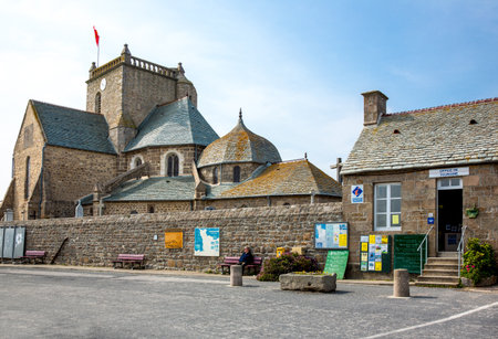 Barfleur,  France - May 21, 2012: Normandy, the tourist office of the village with the church domes in the background.のeditorial素材