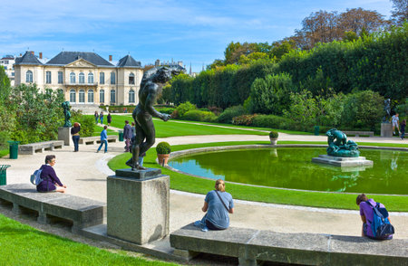 Paris,  France - August 31, 2011:  Visitors and sculptures of August Rodin in the Rodin Museum garden.のeditorial素材