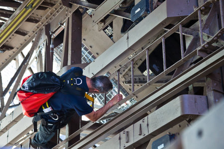 Paris,  France - September 28, 2011:  Maintenance works in the inside of the Eiffel tower.