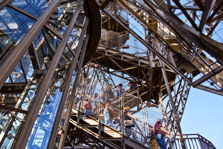 Paris,  France - September 28, 2011: Visitors on the internal staircase of  of the Eiffel tower.のeditorial素材