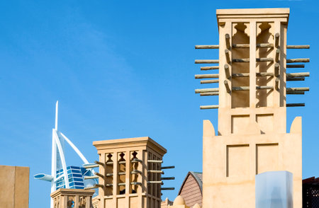 Dubai, UAE - November 12, 2006: The wind towers of an open-air bar restaurant of the Madinat Jumeirah resortのeditorial素材