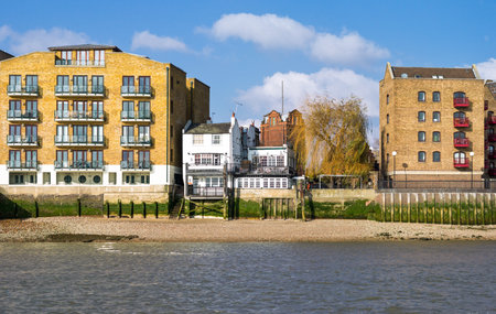 London, England - February 1, 2012: The Oliver's wharf area seen from the Thames riverのeditorial素材