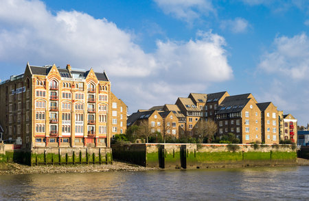 London, England - February 1, 2012: The Oliver's wharf area seen from the Thames riverのeditorial素材