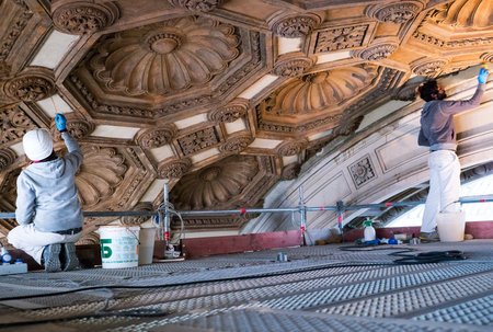 Milan, Italy - February 18, 2015:  The restoration works in the Vittorio Emanuele Gallery main arcのeditorial素材