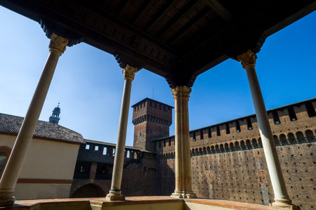 Milan, Italy - May 3, 2012: The Castello Sforzesco courtyard balconyのeditorial素材