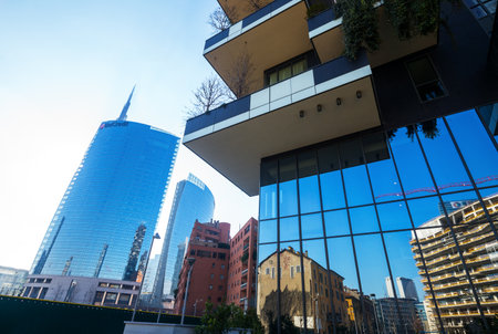 Milan, Italy - January 24, 2015: Porta Nuova, the Bosco Verticale towers with the Unicredit tower in the backgroundのeditorial素材