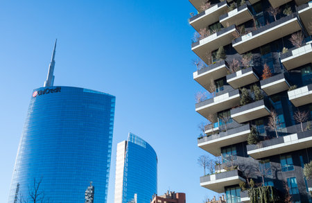 Milan, Italy - January 25, 2015: Porta Nuova, the Unicredit Towerのeditorial素材