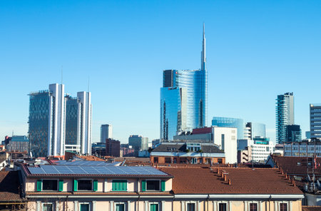 Milan, Italy - January 25, 2015:  The Porta Nuova towers seen from the Ceresio 7 resortのeditorial素材