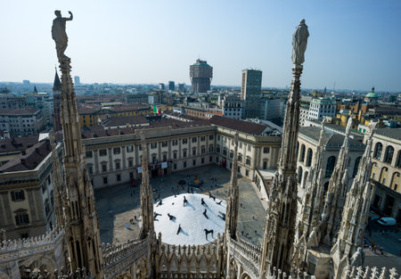 Milan, Italy - April 21, 2011:  The Royal Palace square and Velasca tower seen from the Duomo cathedral rooftopのeditorial素材