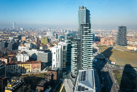Milan, Italy - February 9, 2015: Porta Nuova, panoramic view from the Diamond Tower insideのeditorial素材