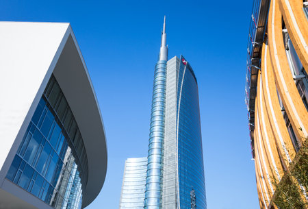 Milan, Italy - February 9, 2015: Porta Nuova, the sinuous Porta Nuova  building with the Unicredit tower in the backgroundのeditorial素材