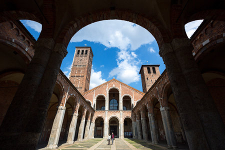 Milan, Italy - April 17, 2012: People in the Sant'Ambogio church entranceのeditorial素材