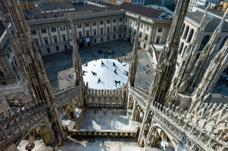 Milan, Italy - April 21, 2011:  The Royal Palace square seen from the Duomo cathedral rooftopのeditorial素材