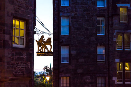 Edinburgh, Scotland - July 25, 2012:  Royal Mile, the sign board of the Writer museum.のeditorial素材