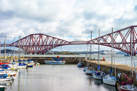 South Queenferry, Scotland - July 29,2012: Lothian area, the Forth Rail Bridge seen from  harbor