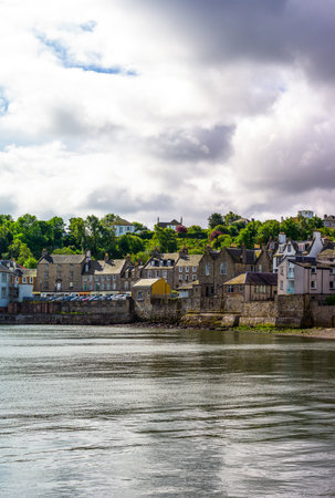 Great Britain, Scotland, Lothian area, view of South Queenferry village under the cloudsの写真素材