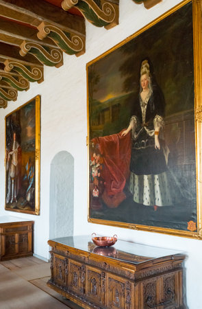Kvaerndrup, Denmark - July 21, 2015: Noble portraits in the hall of he Egeskov castleのeditorial素材