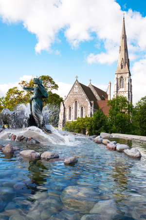 Copenhagen, vie of the St. Alban church with the Cefion fountain in the foregroundのeditorial素材