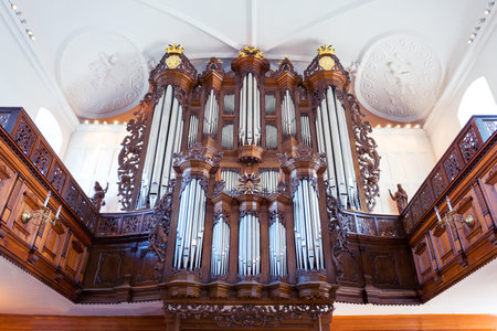 Copenhagen, Denmark - July 22, 2015: The ancient organ in the Holmens church insideのeditorial素材
