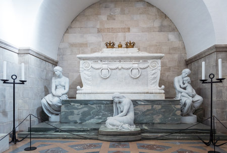 Roskilde, Denmark - July 23, 2015: The King Christian and Qeen Louise double sarcophagus in the medieval Cathedralのeditorial素材