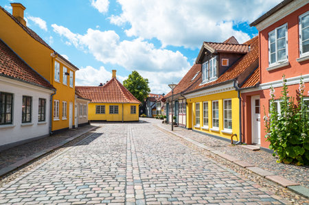Odense, Denmark - July 21, 2015: Traditional houses in the old town with the Hans Christian Andersen home in the background leftのeditorial素材