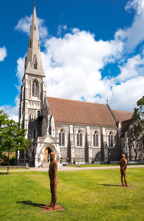 Copenhagen, Denmark - July 20, 2015: Longeline quarter, modern sculptures on the lawn of the St. Alban churchのeditorial素材
